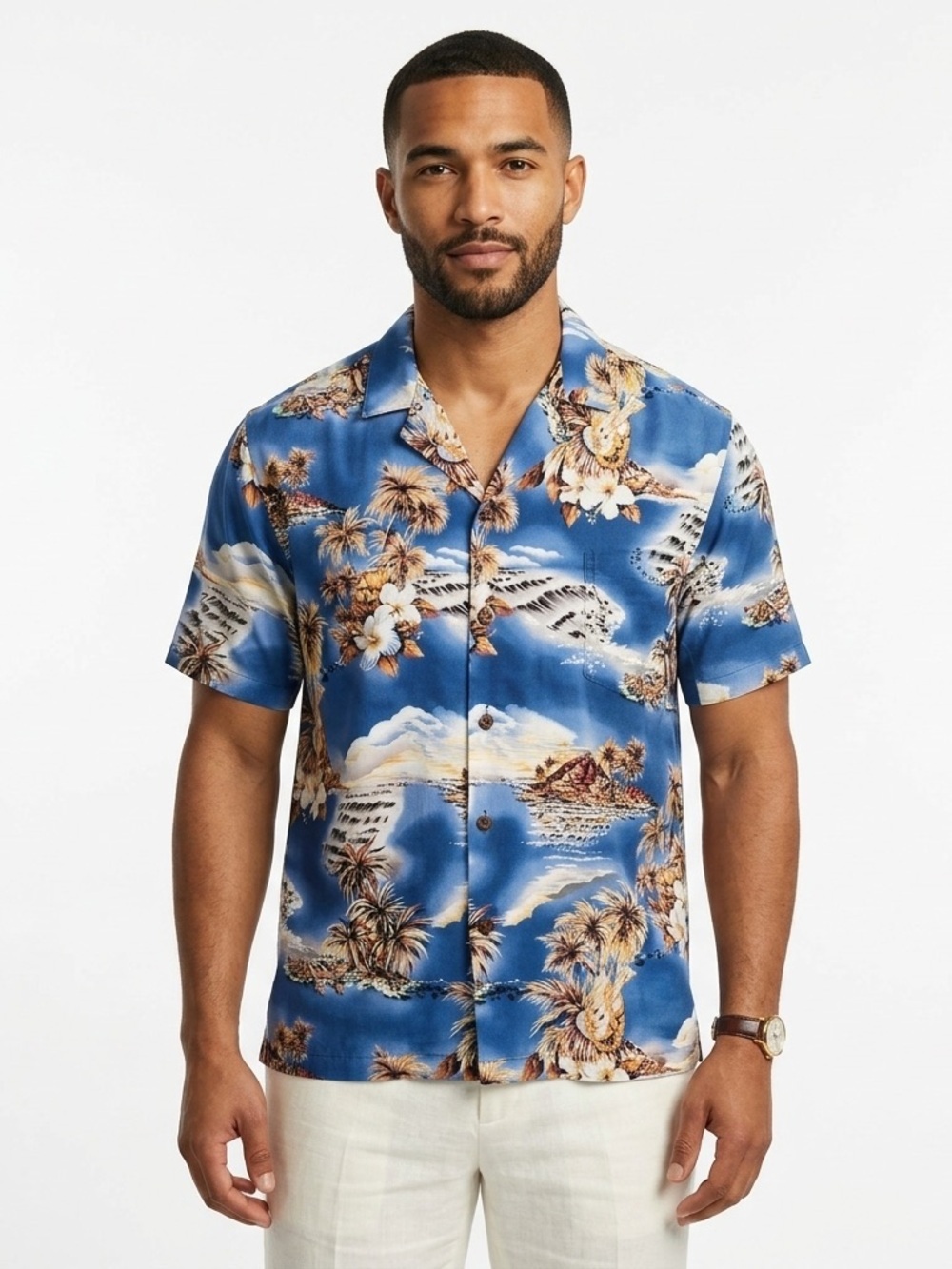 Hilo Hattie Men’s Hawaiian Shirt Blue Aloha Scenic Print Large
